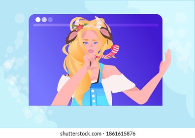 woman in festive hat celebrating new year and christmas holidays girl in web browser window having fun online communication concept horizontal portrait vector illustration