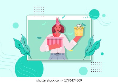 woman in festive hat celebrating online birthday party girl in computer window holding wrapped gifts celebration self isolation quarantine concept portrait horizontal vector illustration