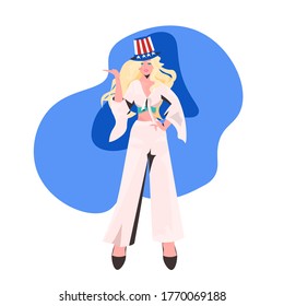 woman in festive hat holding usa flag 4th of july american independence day celebration concept full length vector illustration