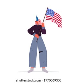 woman in festive hat holding usa flag girl celebrating 4th of july american independence day concept full length isolated vector illustration