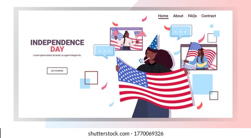 woman in festive hat holding usa flag celebrating 4th of july american independence day concept girl chatting with friends in web browser windows hoizontal copy space portrait vector illustration