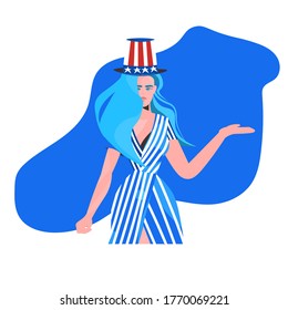 woman in festive hat with usa flag 4th of july american independence day celebration concept portrait vector illustration