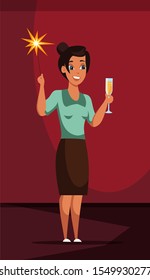 Woman with festive sparkle flat illustration. Person holding party supply, accessory. Corporate worker, office employee female cartoon character drinking champagne. New Year, Christmas celebration
