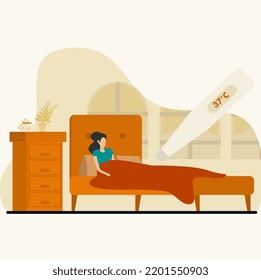 woman with fever. cold woman, cold sufferer, lying in bed with sore throat and fever. Vector illustration for fever handler, education, epidemic concept