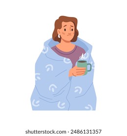 Woman with fever drinking hot drink, cold symptoms, sick patient with cup of streaming medical beverage, adult female in blanket. Virus influenza and fever, seasonal flu and illness diseases