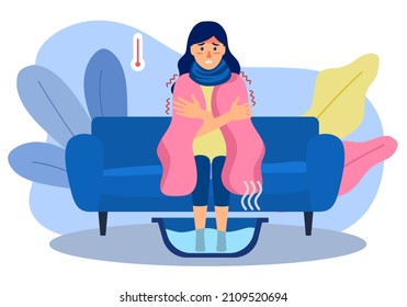 Woman with fever soaking feet in warm water in flat design. Young woman catch a cold or flu concept vector illustration on white background.