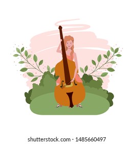 woman with fiddle and branches and leaves in the background