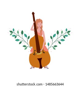 woman with fiddle and branches and leaves in the background