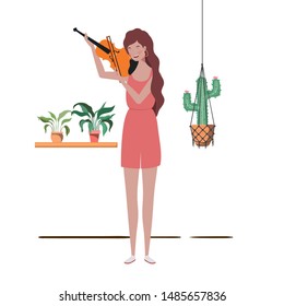 woman with fiddle and houseplants on macrame hangers of background