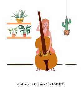 woman with fiddle and houseplants on macrame hangers of background