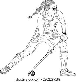 Woman field hockey player outline vector illustration, Girl hockey player sketch drawing silhouette, woman field hockey player in action cartoon doodle drawing