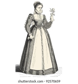 woman of the fifteenth century - vintage engraved illustration - "Costumes anciens et modernes " by Cesare Veccello ed.Firmin-Didot  in 1859 - Paris