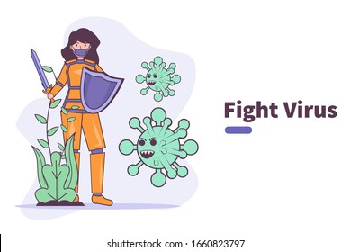 woman fight coronavirus covid-19 virus novel 2019-ncov sars-cov2. defend and protect from virus concept. 