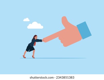 Woman fight and pushing against giant hand. Fight against super power people, challenge. Vector illustration