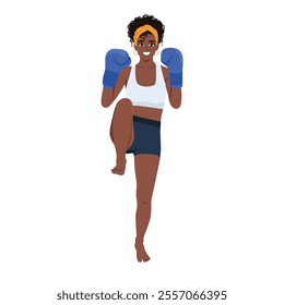 Woman is a fighter muay thai make knee strike. Flat vector Character Illustration