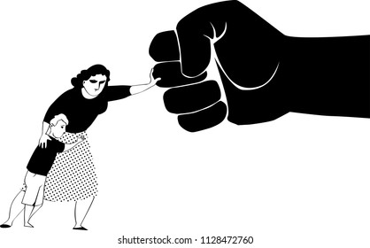 Woman fighting back a giant fist, protecting her child from abuse and domestic violence, EPS 8 black vector silhouette, no white objects