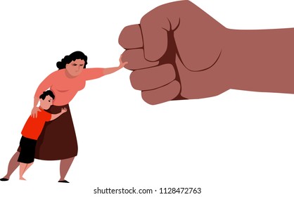 Woman fighting back a giant fist, protecting her child from abuse and domestic violence, EPS 8 vector illustration