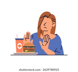 A woman is fighting a diet by refuses to eat junk food, burgers and soda. Young lady has lost appetite to eat, Flat vector illustration isolated on white background