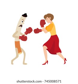 Woman fighting a huge evil cigarette in box gloves, resisting or quitting smoking habit concept, cartoon vector illustration isolated on white background. Giant cigarette scaring fighting with woman