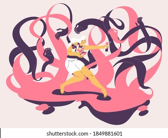 Woman Fighting With Ocd Symptoms With Cleaning Products. Concept Illustration With Frightful Hands