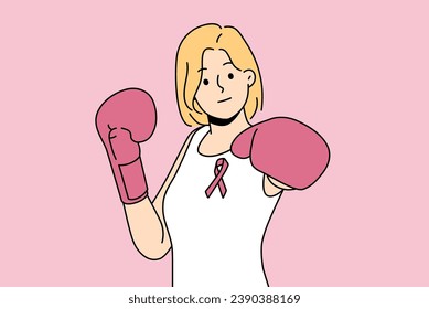 Woman fights cancerous tumor using boxing gloves and resisting development cancer. Boxer girl with pink ribbon symbolizing fight against breast cancer and promoting early detection symptoms disease