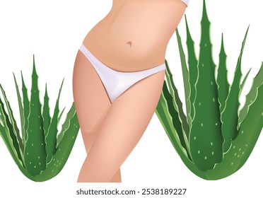 Woman figure with aloe vera leaves promoting natural cosmetics for intimate hygiene and body care