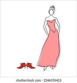 Woman figure in long dress   vintage style shoes  Vector illustration  Fashion clothing  Contour drawing  