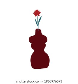 Woman figure sculpture with red flower isolated on white background. Aesthetic modern trendy hand drawn illustration. Classical doodle silhoette venus statue and rose twig. Romantic antique symbol. 