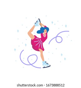 Woman figure skater hand drawn vector illustration. Girl ice skating. Winter sport, hobbies. Young girl in Short dress isolated flat design element on white