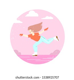 Woman figure skating. Happy ice skating on rink. Winter sport. Happy holidays. Landscape. Circle frame. Pink. White background. Vector.