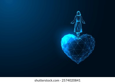 Woman figure standing on glowing polygonal heart on dark blue background. Self love, self care, emotions, empathy and self-reflection futuristic cpncept. Glowing low poly abstract vector illustration.