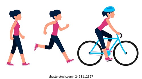 Woman figure walking, running and riding a bicycle. Fitness and cardio activity level. Simple flat cartoon style vector illustration set.