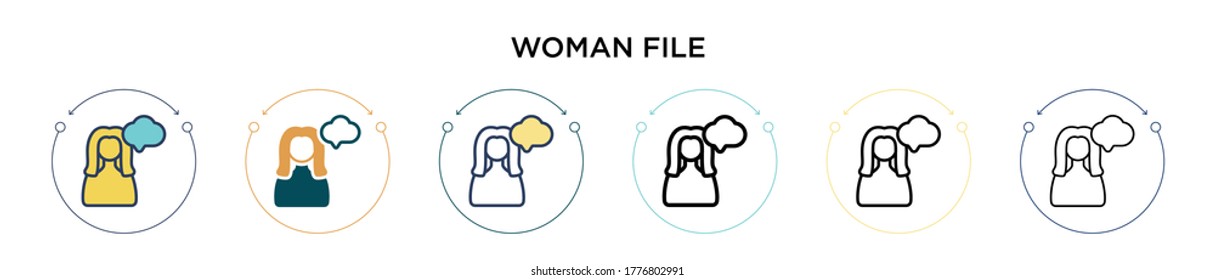 Woman file icon in filled, thin line, outline and stroke style. Vector illustration of two colored and black woman file vector icons designs can be used for mobile, ui, web