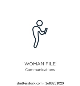 Woman file icon. Thin linear woman file outline icon isolated on white background from communications collection. Line vector sign, symbol for web and mobile