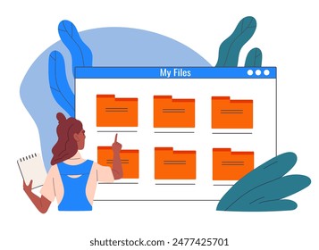 Woman with files. Young girl with documents and electronic files. Pictures and images. Electronic storage and archive. Worker and employee with cloud service. Flat vector illustration