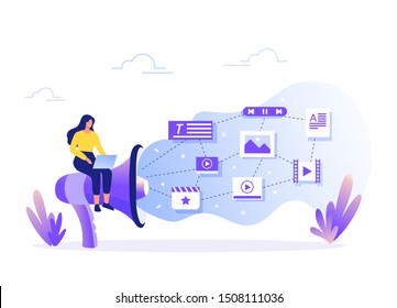 Woman fill web page with content. Management, SMM and Blogging concept in flat design. Creating, marketing and sharing of digital - vector illustration.