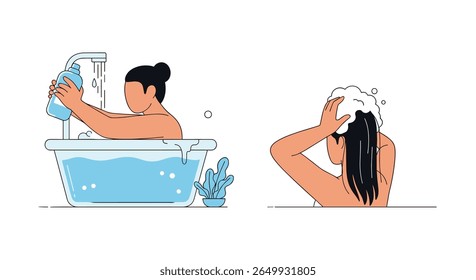 Woman filling bathtub preparing for relaxing bath enjoying personal hygiene and hair washing routine