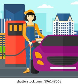 Woman filling up fuel into car.