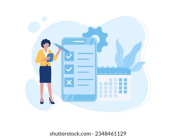Woman filling schedule list in calendar trending concept flat illustration