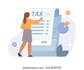 Woman filling tax form, payment and business invoices, flat cartoon. State government taxation, calculation of tax return. Paper documents, girl pay bills, payrolls, plants charts vector illustration