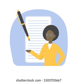 A woman fills out a resume for employment. Flat vector design concept illustration for business.