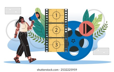 Mujer directora de cine en línea. Chica joven con altavoz y cinta de película. Películas y cine, series de televisión. Cinematografía e industria cinematográfica. Ilustración vectorial plana aislada sobre fondo blanco