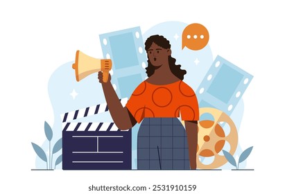 Mujer con producción cinematográfica. Chica joven con altavoz, clapperboard y película real. Video Cineasta y director con gritos. Producción de películas o series de televisión. Ilustración vectorial plana