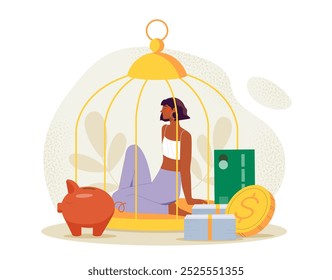 Woman with financial abuse. Young girl in golden cage with piggy bank, banknotes and gold coins. Debts and economic problems. Financial crisis and recession. Flat vector illustration