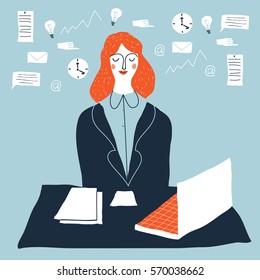 Woman financial accountant. Secretary vector illustration. Young businesswoman multi-tasking. Creative modern vector illustration.