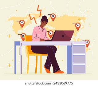 Woman with financial crisis. Young girl with laptop at background of map with problem stores and shops. Recession and banruptcy. Unsuccessful entrepreneur. Cartoon flat vector illustration