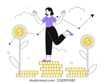 Woman financial leader line concept. Young girl stands on gold coins. Entrepreneur and investor. Financial literacy and passive income. Investing and trading. Linear flat vector illustration