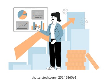 Woman with financial literacy. Young girl near graphs and diagrams. Investor and trader. Analyst conducting marketing research. Linear vector illustration isolated on white background