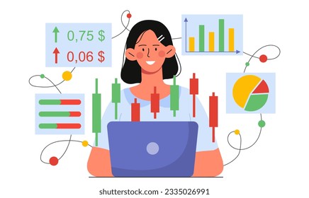 Woman with financial schedule concept. Young girl sits at laptop and looks at graphs, diagrams and charts. Trader and investor with infographics and statistics. Cartoon flat vector illustration