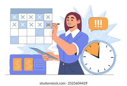 Woman with financial strain. Young girl crosses out dates on calendar. Time management and deadline pressure. Person with credit debt. Flat vector illustration isolated on white background